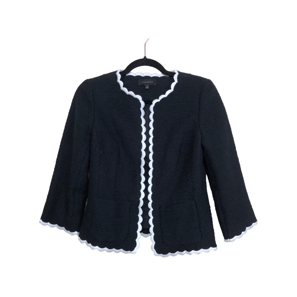 Talbots.  Black Cropped Open Front Blazer With White Lace Trim Front Pockets 2